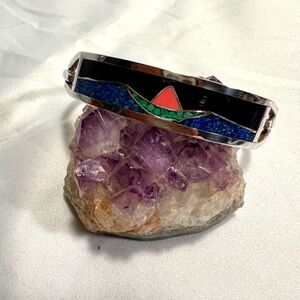 Vintage Taxco 925 SS Hinged Bracelet inlay of Lapis Lazuli, onyx pink abalone.
